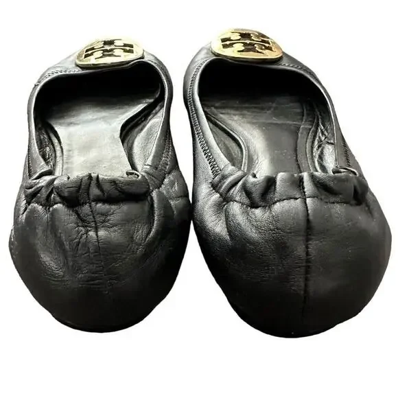 Tory Burch Reva Black Leather Gold Logo Medallion Ballet Flats Size 7 - Picture 4 of 12